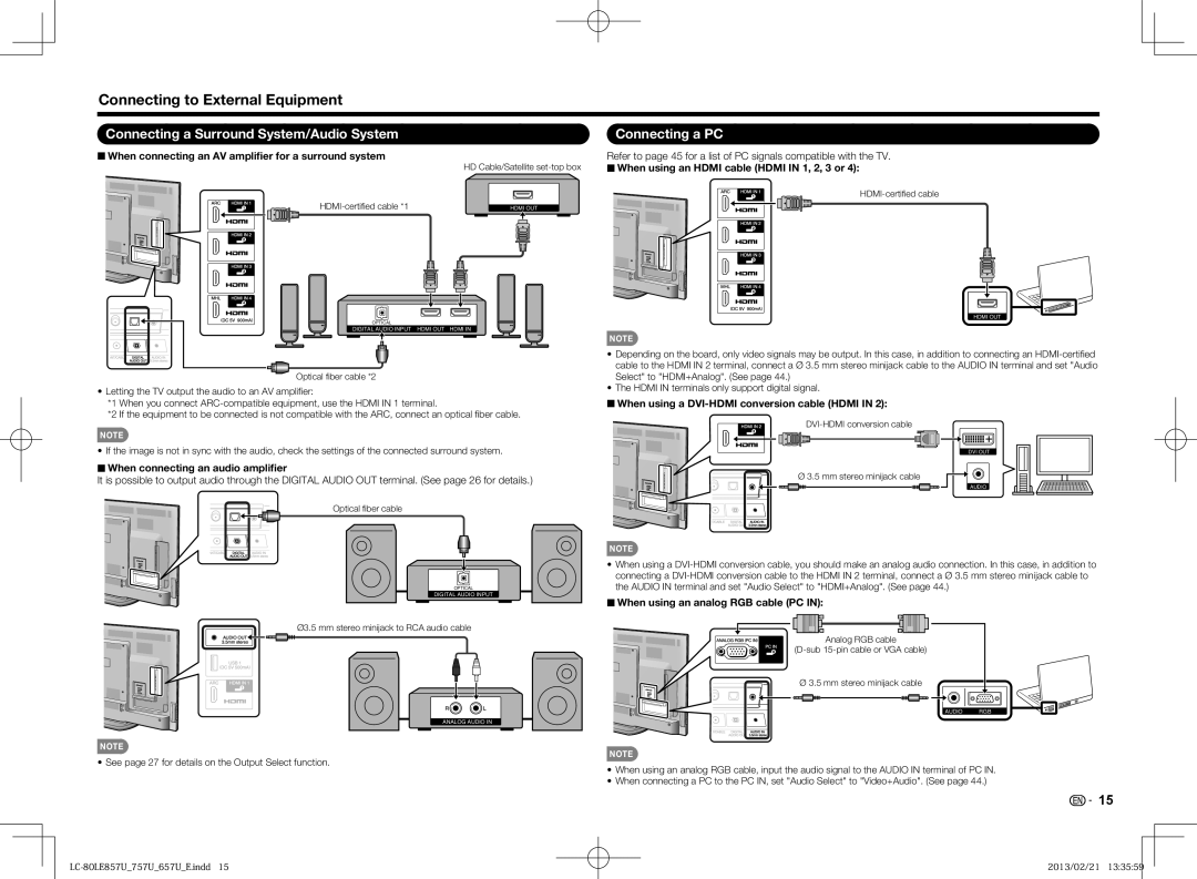 Sharp LC50LE650U, LC70LE650U Connecting to External Equipment, Connecting a Surround System/Audio System, Connecting a PC 