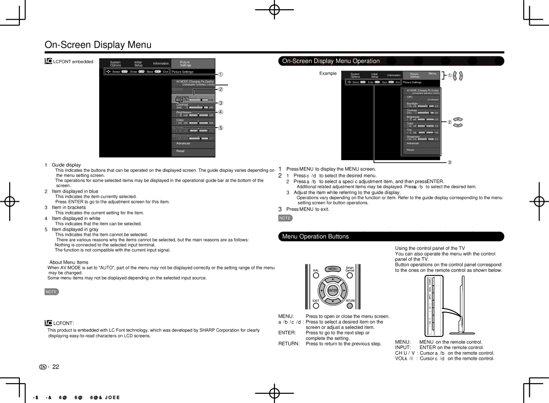 Sharp LC70LE757U, LC70LE650U, LC60LE650U, LC60LE857U, LC70LE857U On-Screen Display Menu Operation, Menu Operation Buttons 