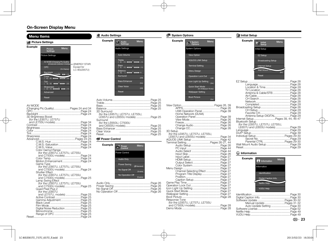 Sharp LC60LE857U, LC70LE650U, LC60LE650U, LC70LE757U, LC70LE857U, LC60LE757U, LC-70LE650U On-Screen Display Menu, Menu Items 