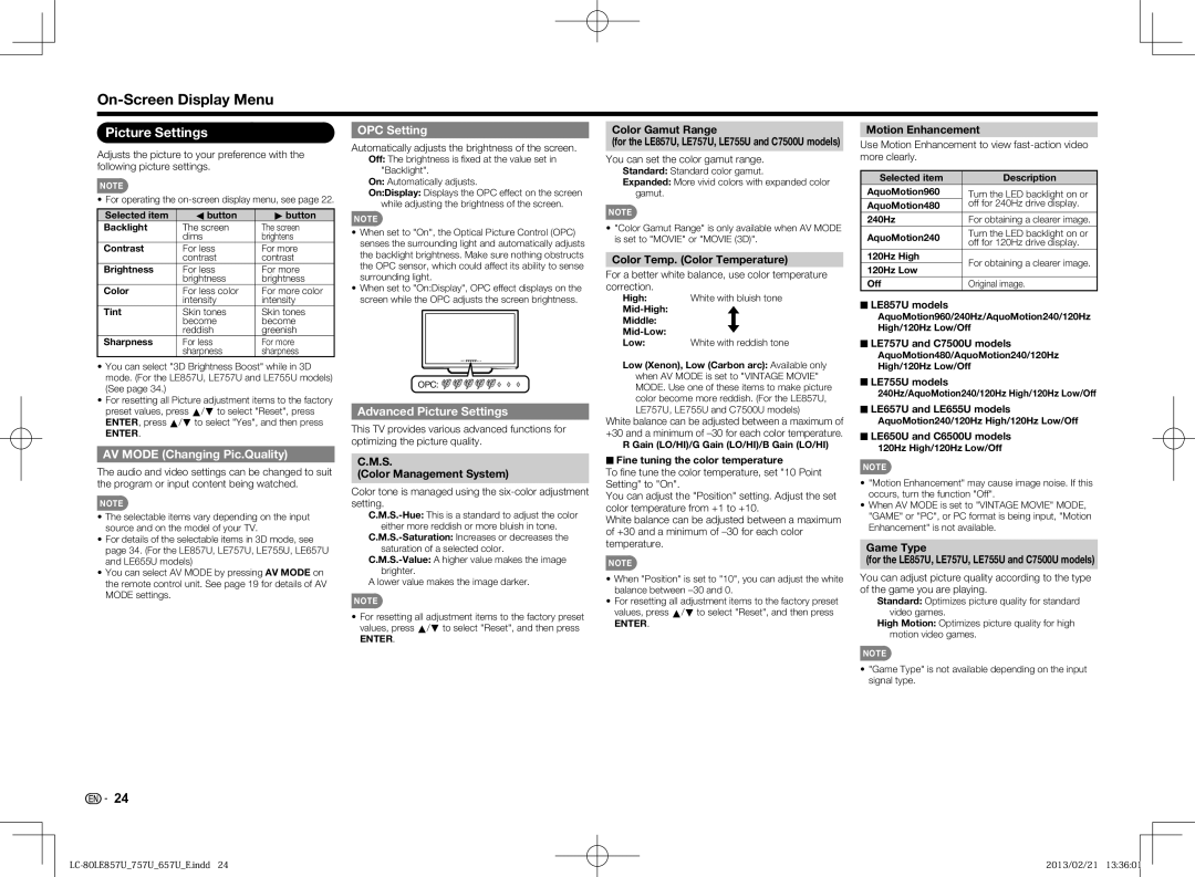 Sharp LC70LE857U, LC70LE650U, LC60LE650U AV Mode Changing Pic.Quality, OPC Setting, Advanced Picture Settings 