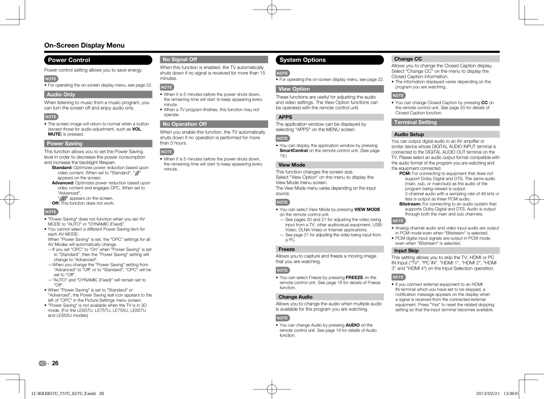 Sharp LC-70LE650U, LC70LE650U, LC60LE650U, LC70LE757U, LC60LE857U, LC70LE857U, LC60LE757U Power Control, System Options 