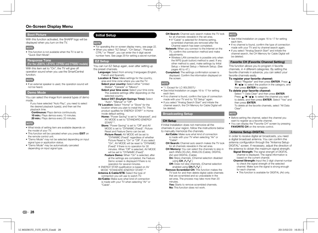 Sharp LC-70LE757U, LC70LE650U, LC60LE650U, LC70LE757U, LC60LE857U, LC70LE857U, LC60LE757U, LC-70LE650U, LC-70LE857U Initial Setup 
