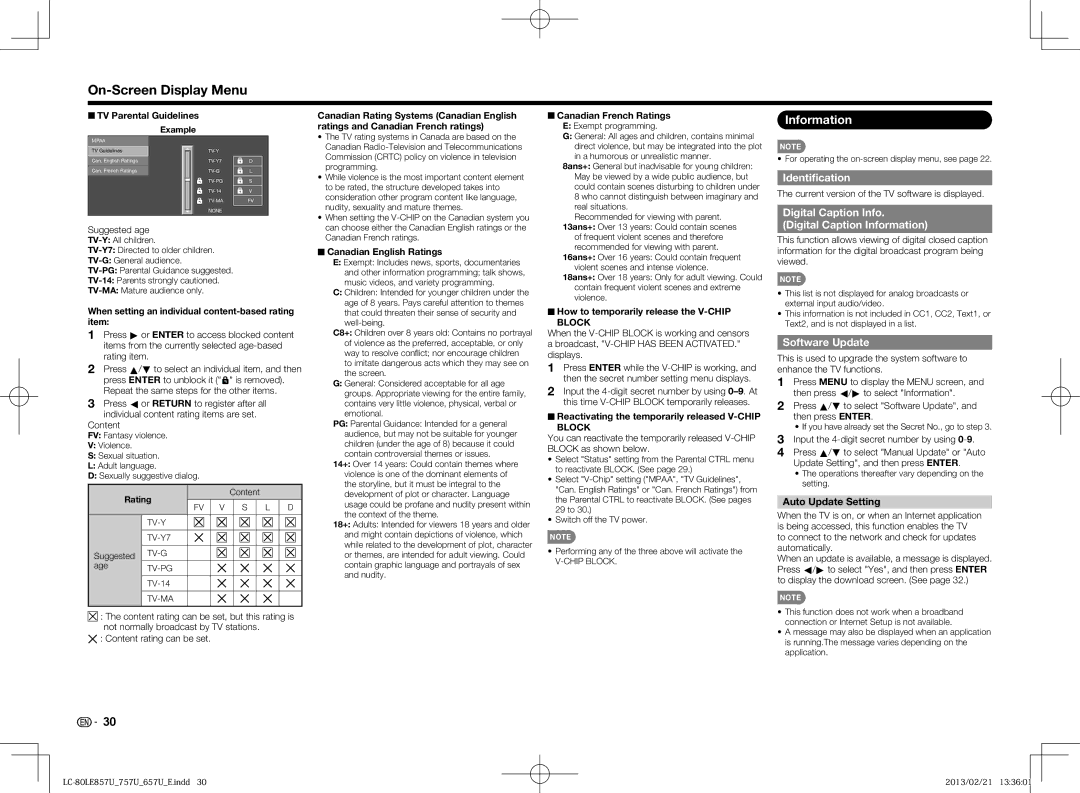 Sharp LC-50LE650U, LC70LE650U, LC60LE650U, LC70LE757U Identiﬁcation, Digital Caption Information, Software Update 