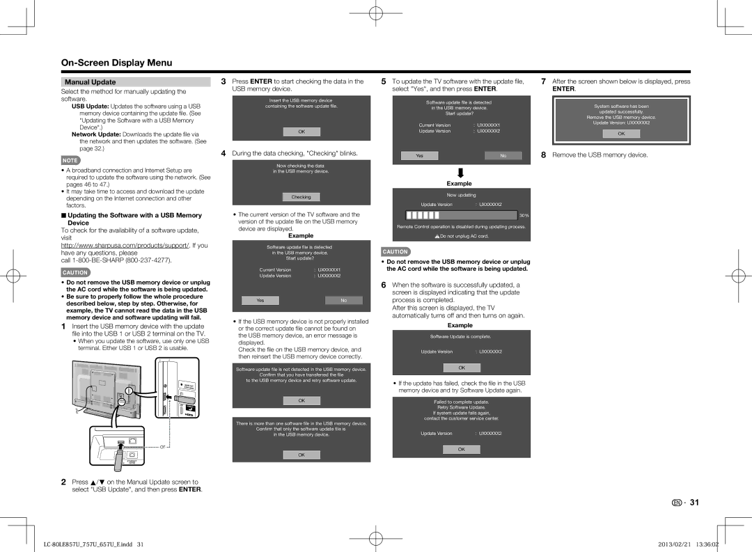 Sharp LC-60LE857U, LC70LE650U, LC60LE650U, LC70LE757U Manual Update, Updating the Software with a USB Memory Device 