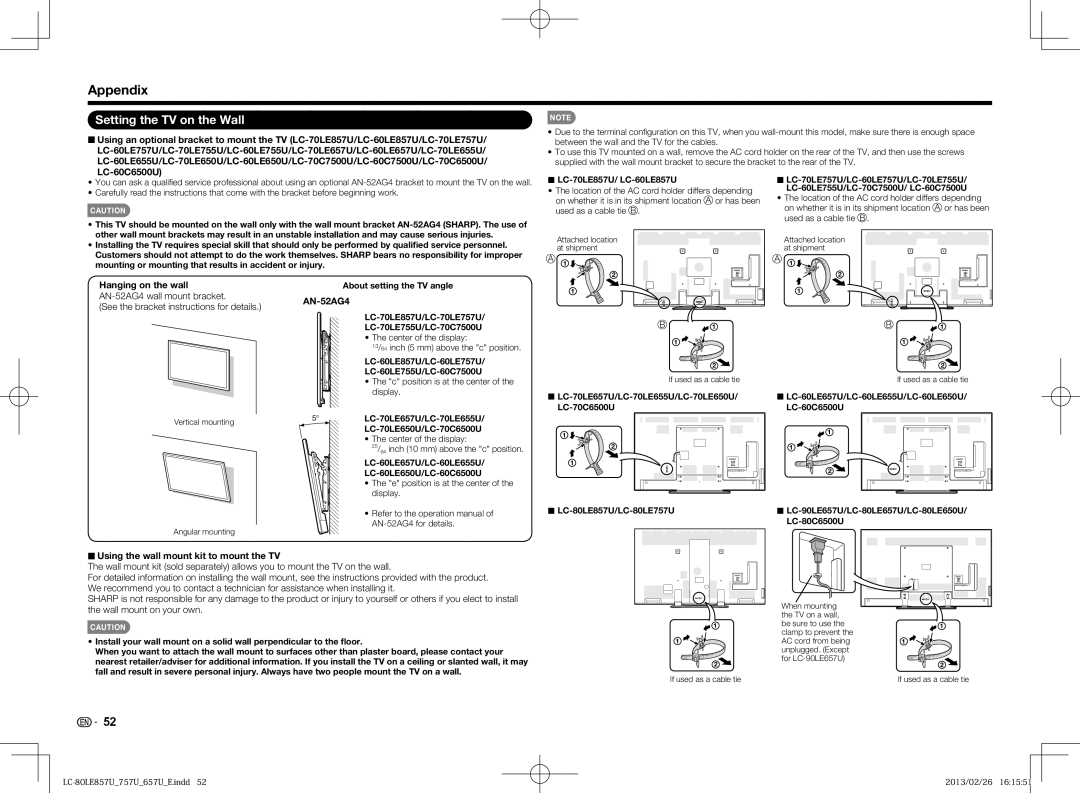 Sharp LC-50LE650U, LC70LE650U, LC60LE650U, LC70LE757U, LC60LE857U, LC70LE857U, LC60LE757U Appendix, Setting the TV on the Wall 