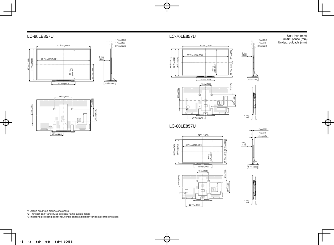 Sharp LC80LE757U, LC70LE650U, LC60LE650U, LC70LE757U, LC60LE857U Dimensional Drawings, LC-80LE857U, LC-70LE857U, LC-60LE857U 