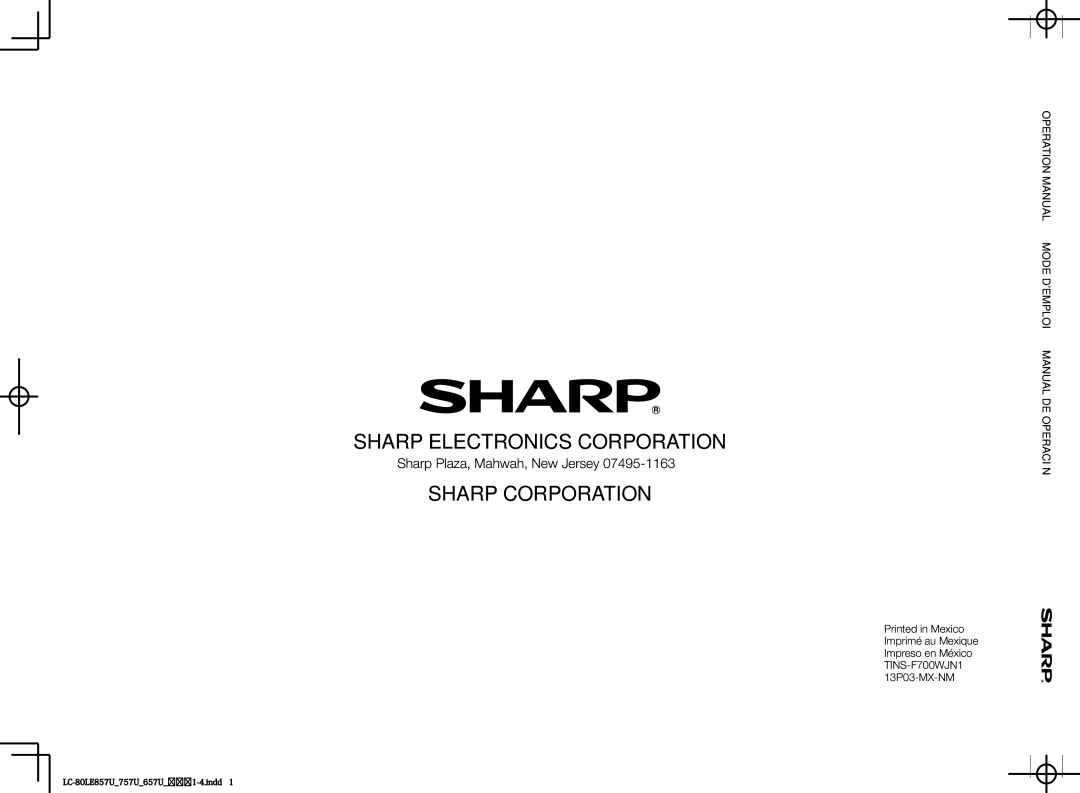 Sharp LC70LE650U, LC60LE650U, LC70LE757U, LC60LE857U, LC70LE857U, LC60LE757U, LC-70LE650U Sharp Electronics Corporation 