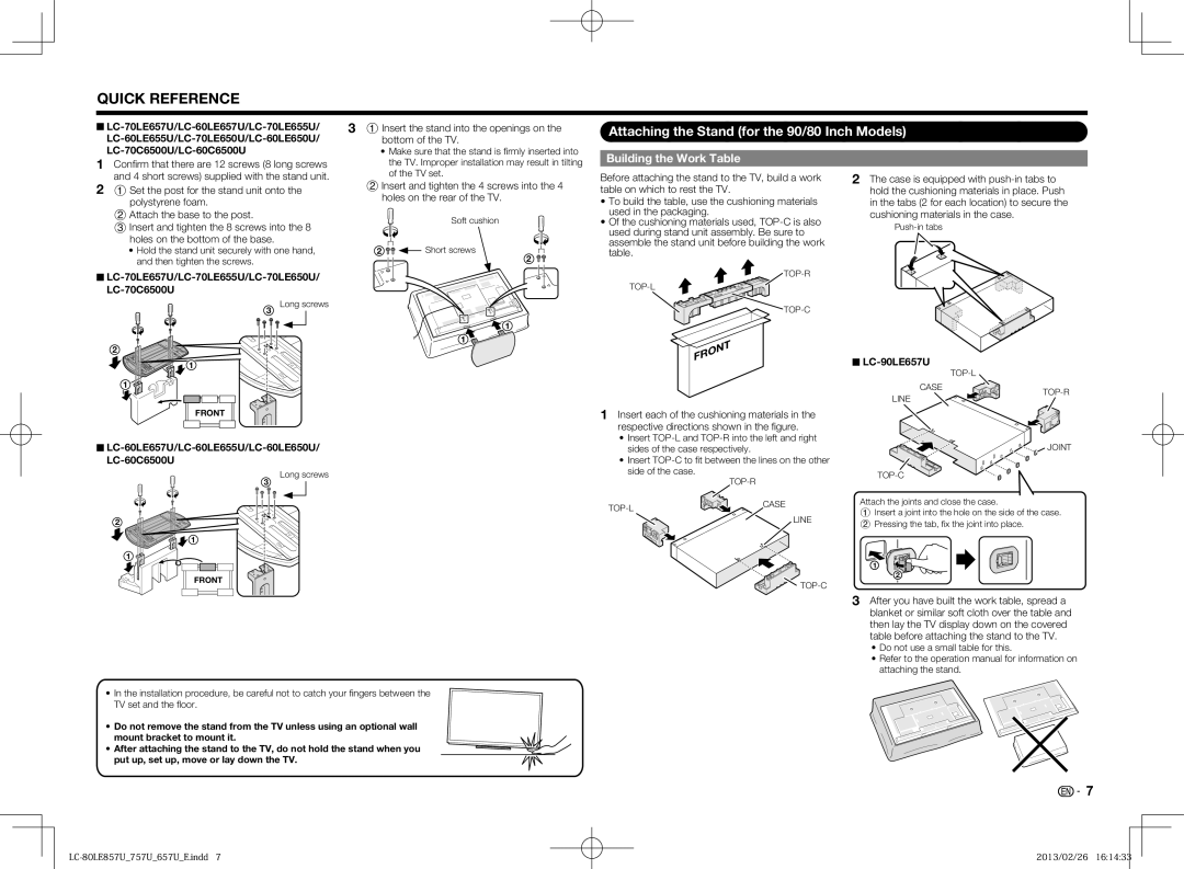 Sharp LC-60LE650U, LC70LE650U Attaching the Stand for the 90/80 Inch Models, Building the Work Table, LC-90LE657U 