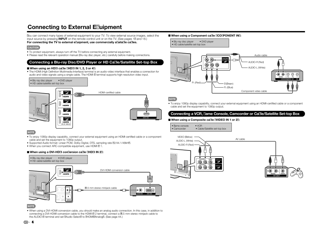 Sharp LC70LE655U operation manual Connecting to External Equipment, When using an Hdmi cable Hdmi in 1, 2, 3 or 