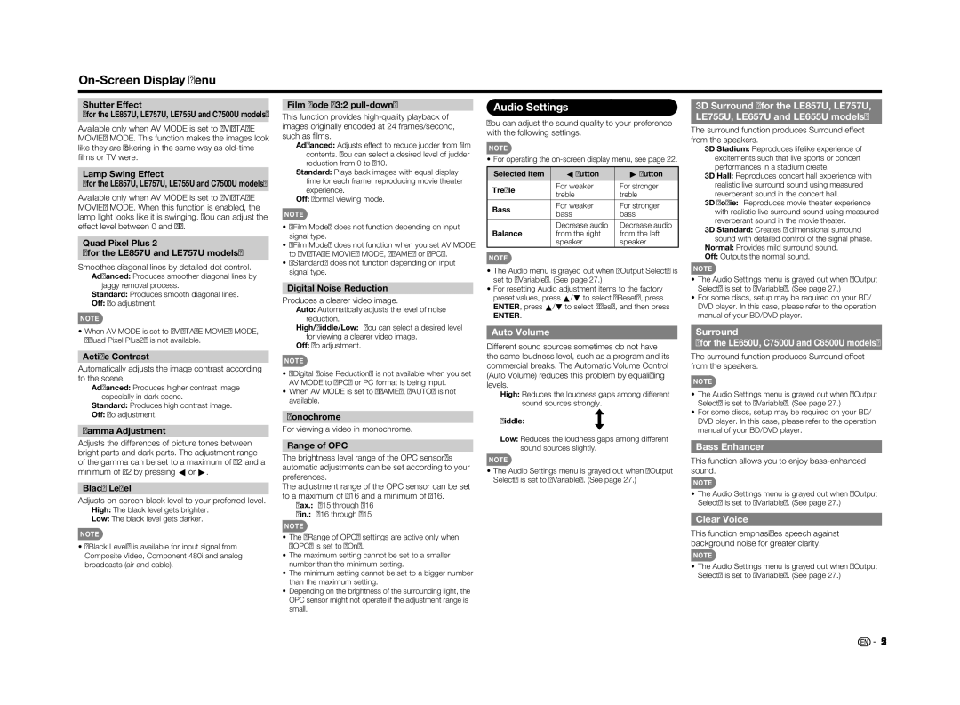 Sharp LC70LE655U Audio Settings, Auto Volume, Surround For the LE650U, C7500U and C6500U models, Bass Enhancer 