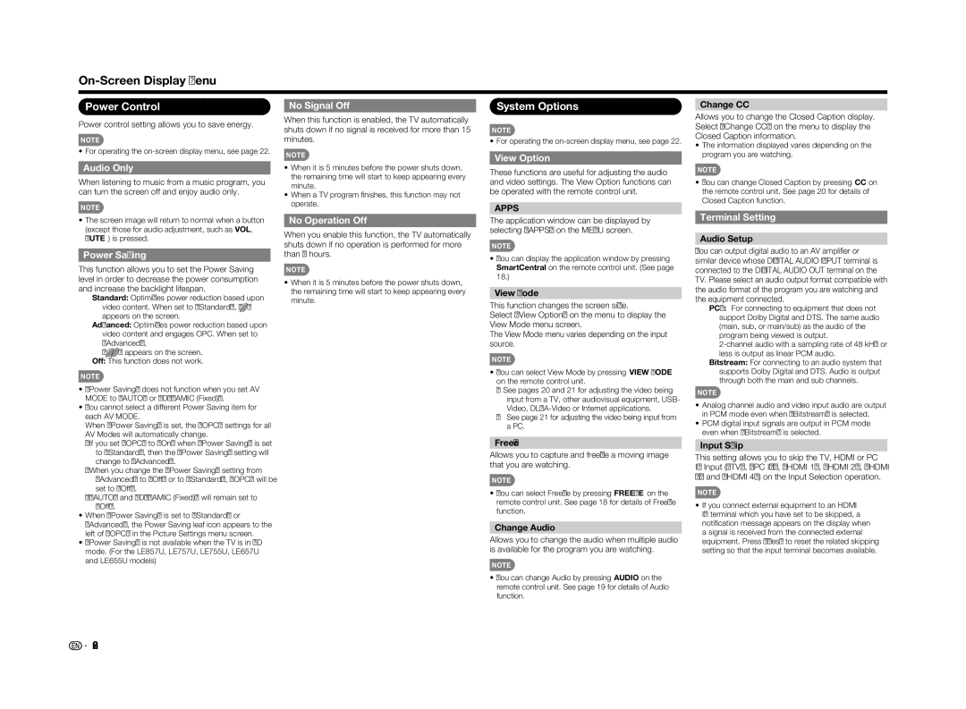 Sharp LC70LE655U operation manual Power Control, System Options 