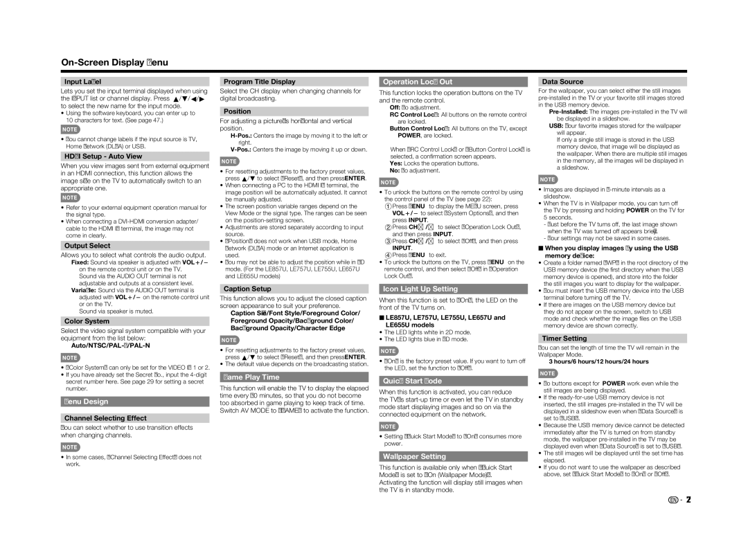 Sharp LC70LE655U operation manual Menu Design, Game Play Time, Operation Lock Out, Icon Light Up Setting, Quick Start Mode 