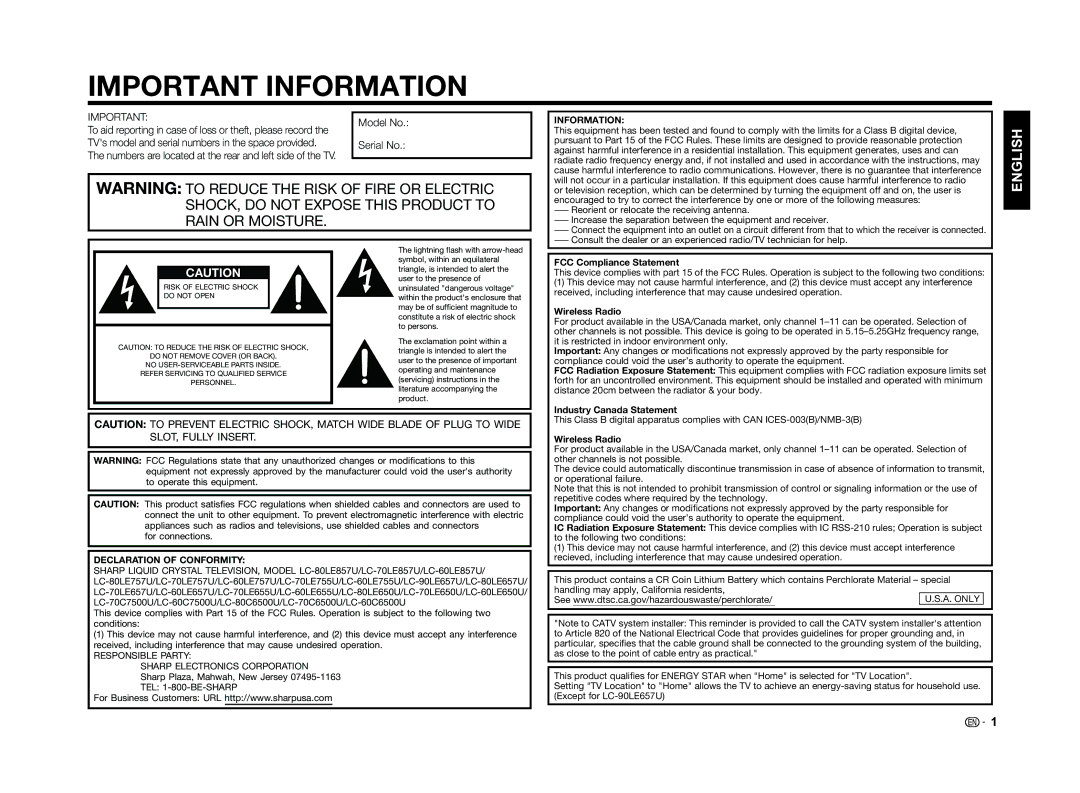 Sharp LC70LE655U operation manual Information, FCC Compliance Statement, Wireless Radio, Industry Canada Statement 