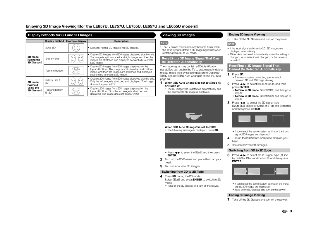 Sharp LC70LE655U operation manual Display Methods for 3D and 2D Images, Viewing 3D Images, Switching from 3D to 2D Mode 