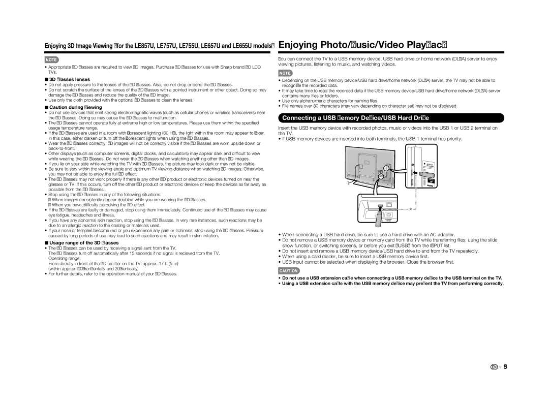 Sharp LC70LE655U Connecting a USB Memory Device/USB Hard Drive, 3D Glasses lenses, Usage range of the 3D Glasses 