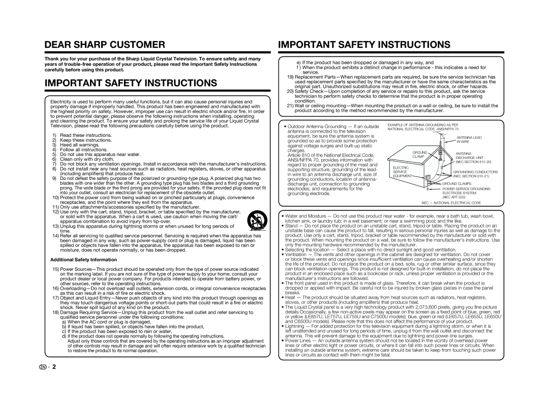 Sharp LC70LE655U operation manual Dear Sharp Customer, Additional Safety Information 