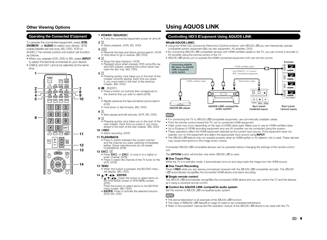 Sharp LC70LE655U operation manual Using Aquos Link, Other Viewing Options, Operating the Connected Equipment 