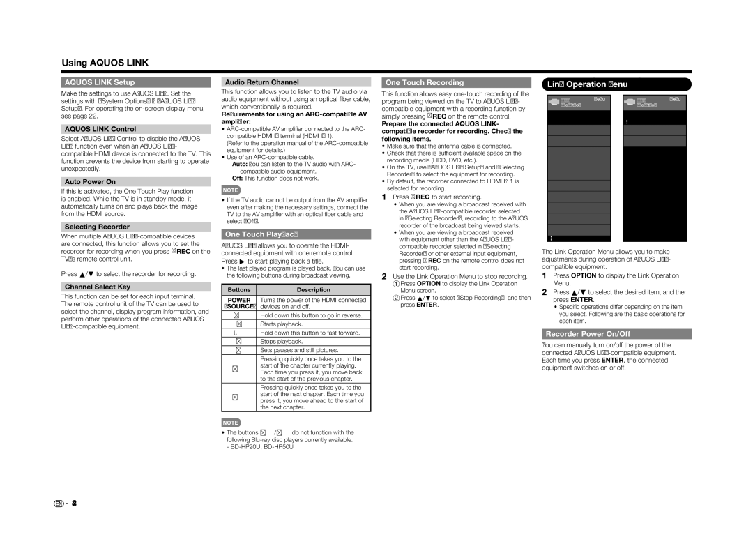 Sharp LC70LE655U operation manual Using Aquos Link, Link Operation Menu 