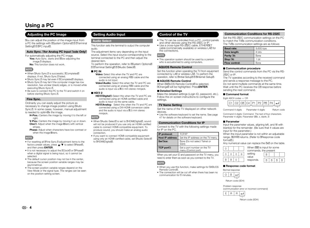 Sharp LC70LE655U operation manual Using a PC, Adjusting the PC Image, Setting Audio Input, Control of the TV, Audio Select 