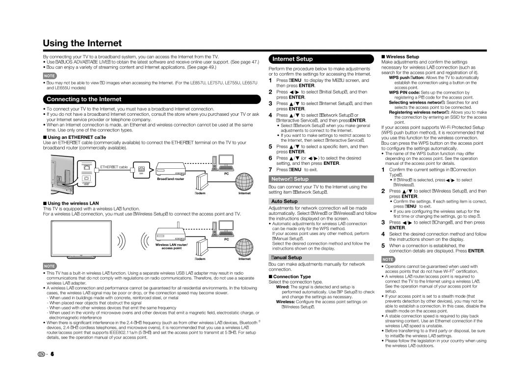 Sharp LC70LE655U operation manual Using the Internet, Connecting to the Internet, Internet Setup, Network Setup 