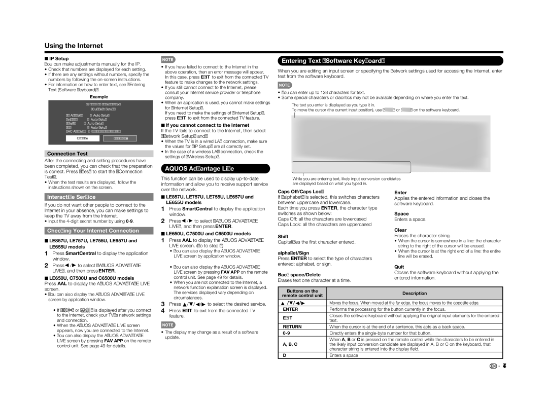 Sharp LC70LE655U Using the Internet, Aquos Advantage Live, Entering Text Software Keyboard, Interactive Service 