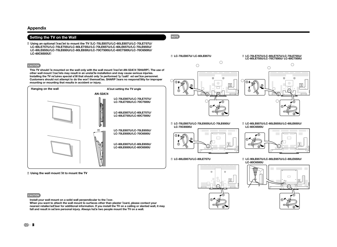 Sharp LC70LE655U operation manual Appendix, Setting the TV on the Wall 