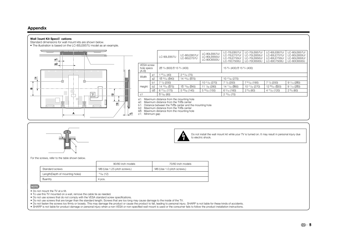 Sharp LC70LE655U operation manual Wall Mount Kit Speciﬁcations, Wall Mount KIT 