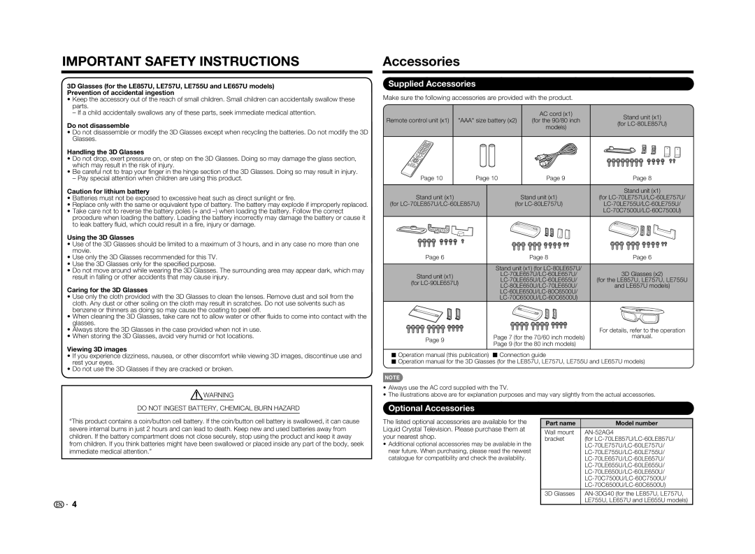 Sharp LC70LE655U operation manual Supplied Accessories, Optional Accessories 