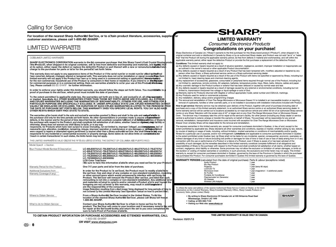 Sharp LC70LE655U operation manual Calling for Service, Be-Sharp 