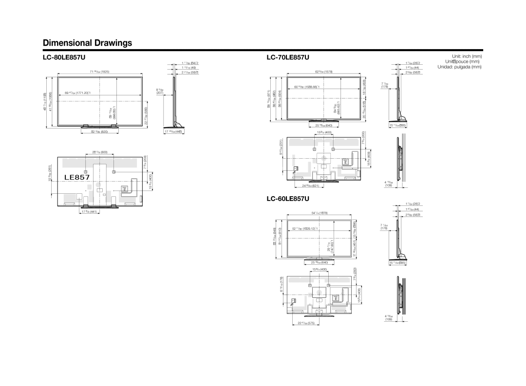 Sharp LC70LE655U operation manual Dimensional Drawings, LC-80LE857U, LC-70LE857U, LC-60LE857U 