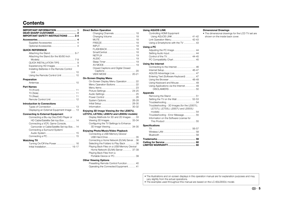 Sharp LC70LE655U operation manual Contents 