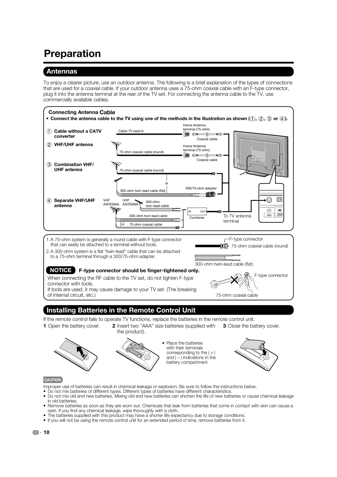 Sharp LC70LE735U Preparation, Antennas, Installing Batteries in the Remote Control Unit, Connecting Antenna Cable 