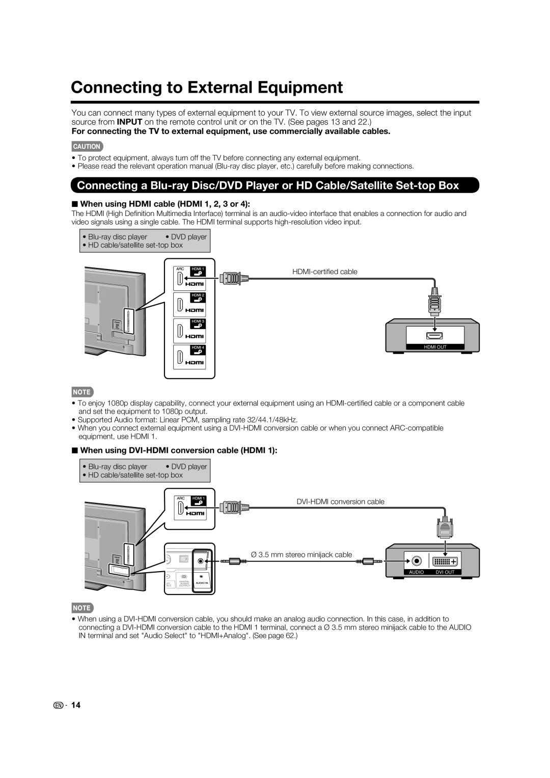 Sharp LC70LE735U operation manual Connecting to External Equipment, When using Hdmi cable Hdmi 1, 2, 3 or 