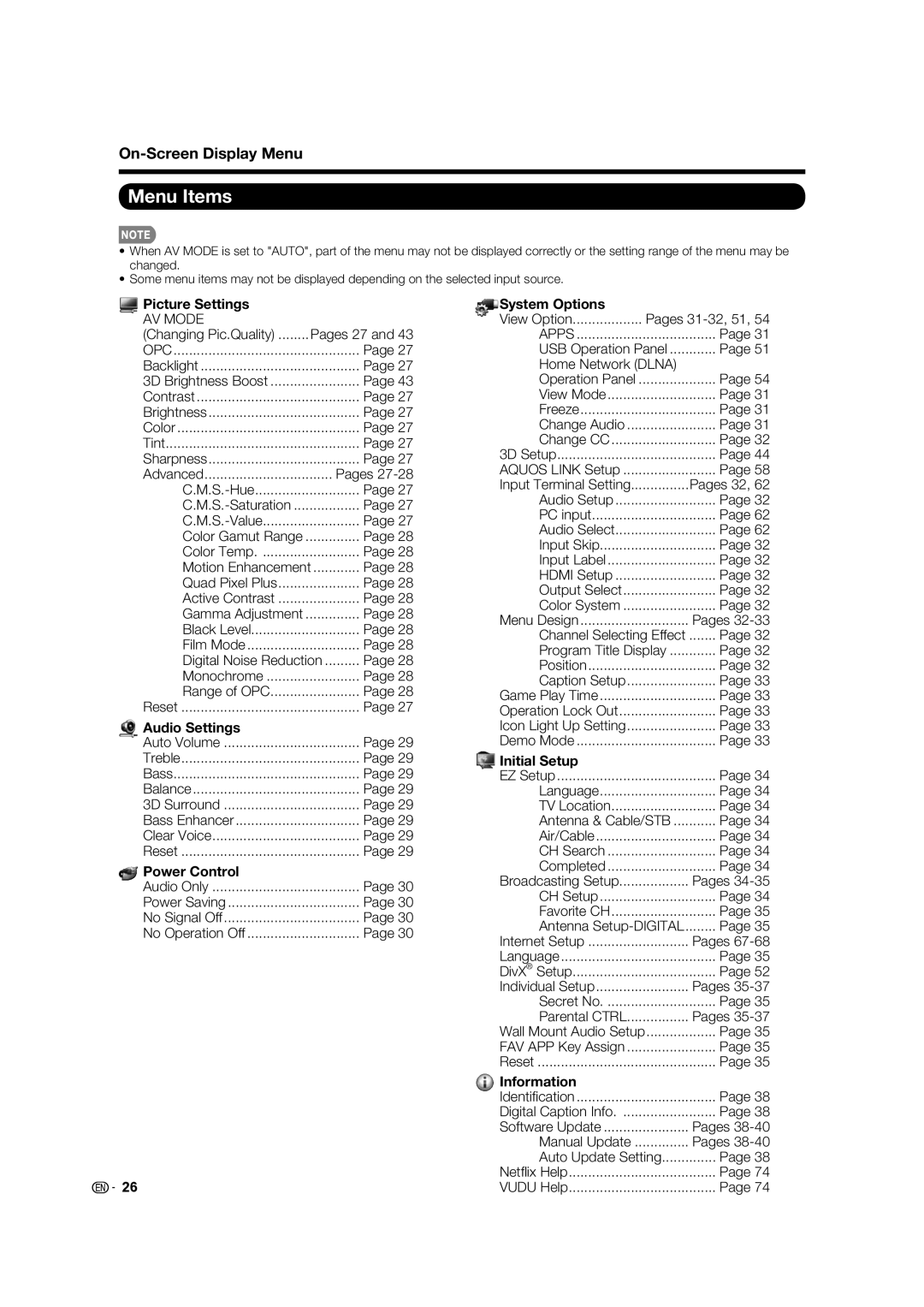 Sharp LC70LE735U operation manual Menu Items, On-Screen Display Menu 