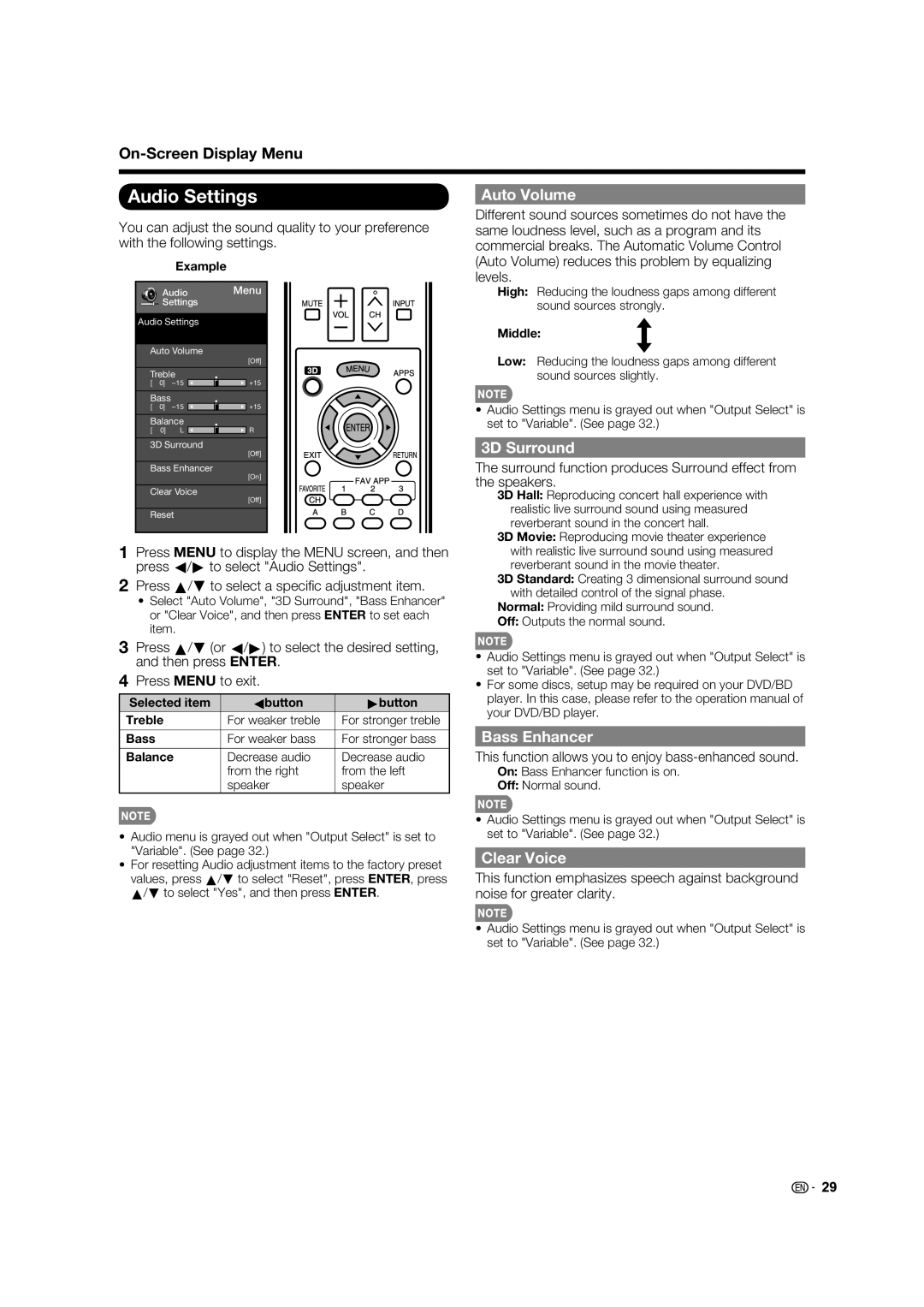 Sharp LC70LE735U operation manual Audio Settings, Auto Volume, 3D Surround, Bass Enhancer, Clear Voice 