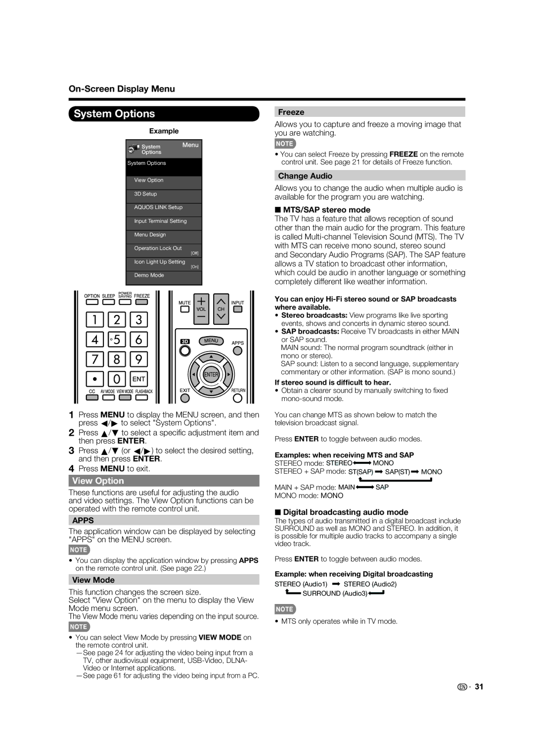 Sharp LC70LE735U operation manual System Options, View Option 