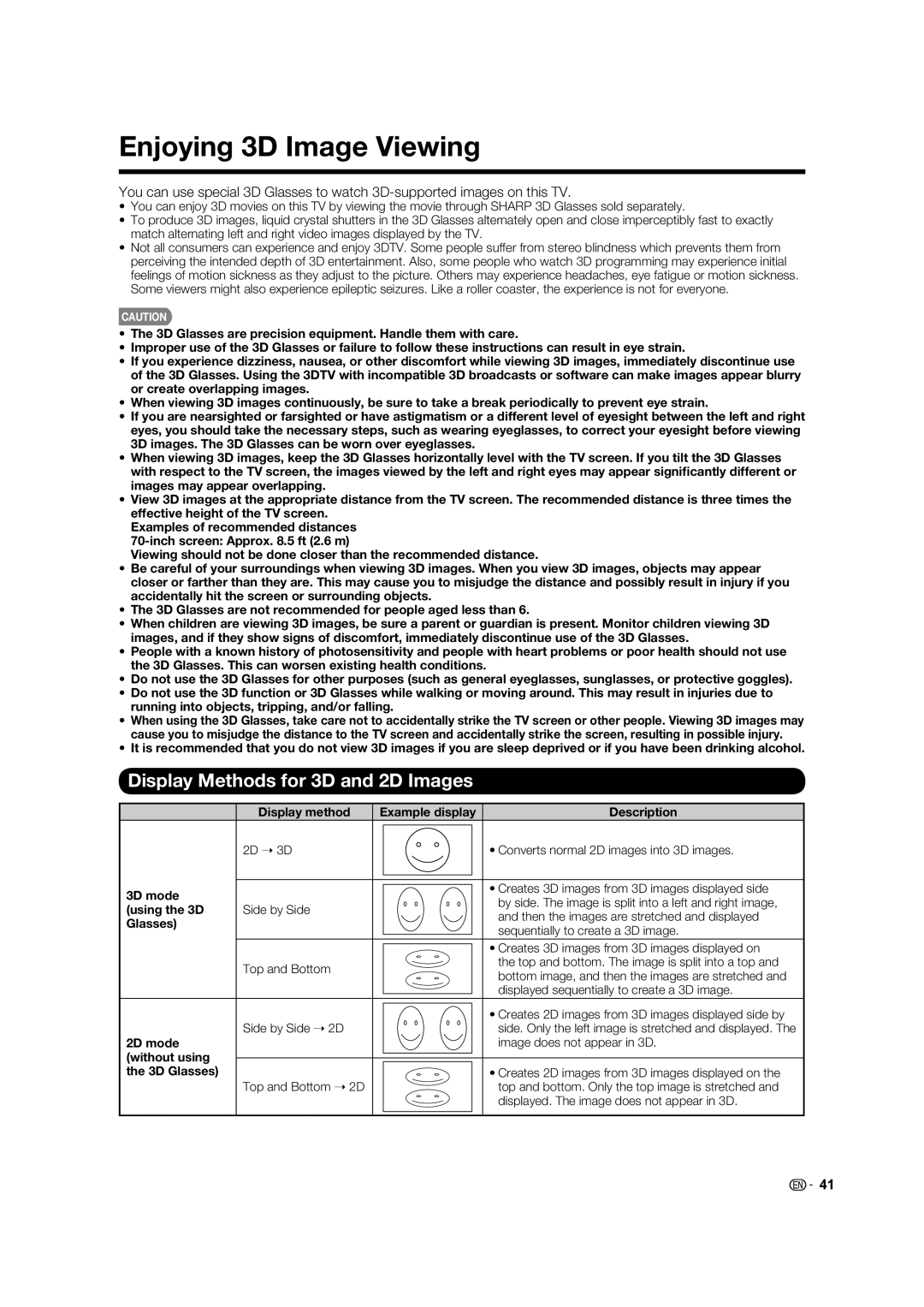 Sharp LC70LE735U operation manual Enjoying 3D Image Viewing, Display Methods for 3D and 2D Images 