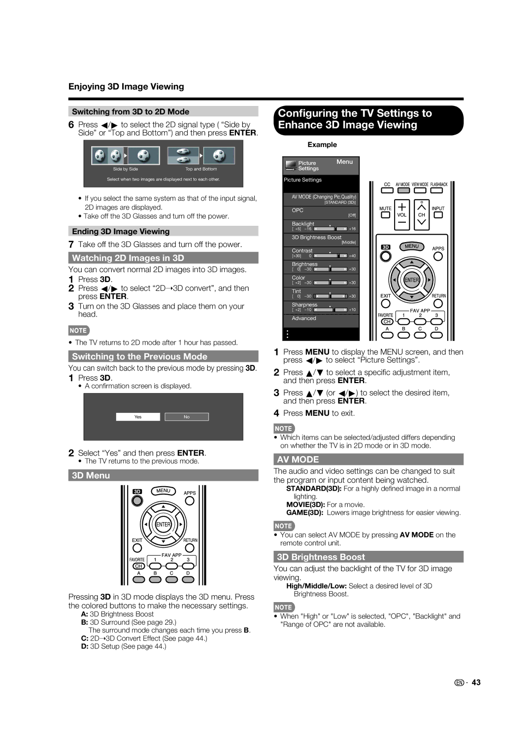 Sharp LC70LE735U operation manual Conﬁguring the TV Settings to Enhance 3D Image Viewing, Watching 2D Images in 3D, 3D Menu 