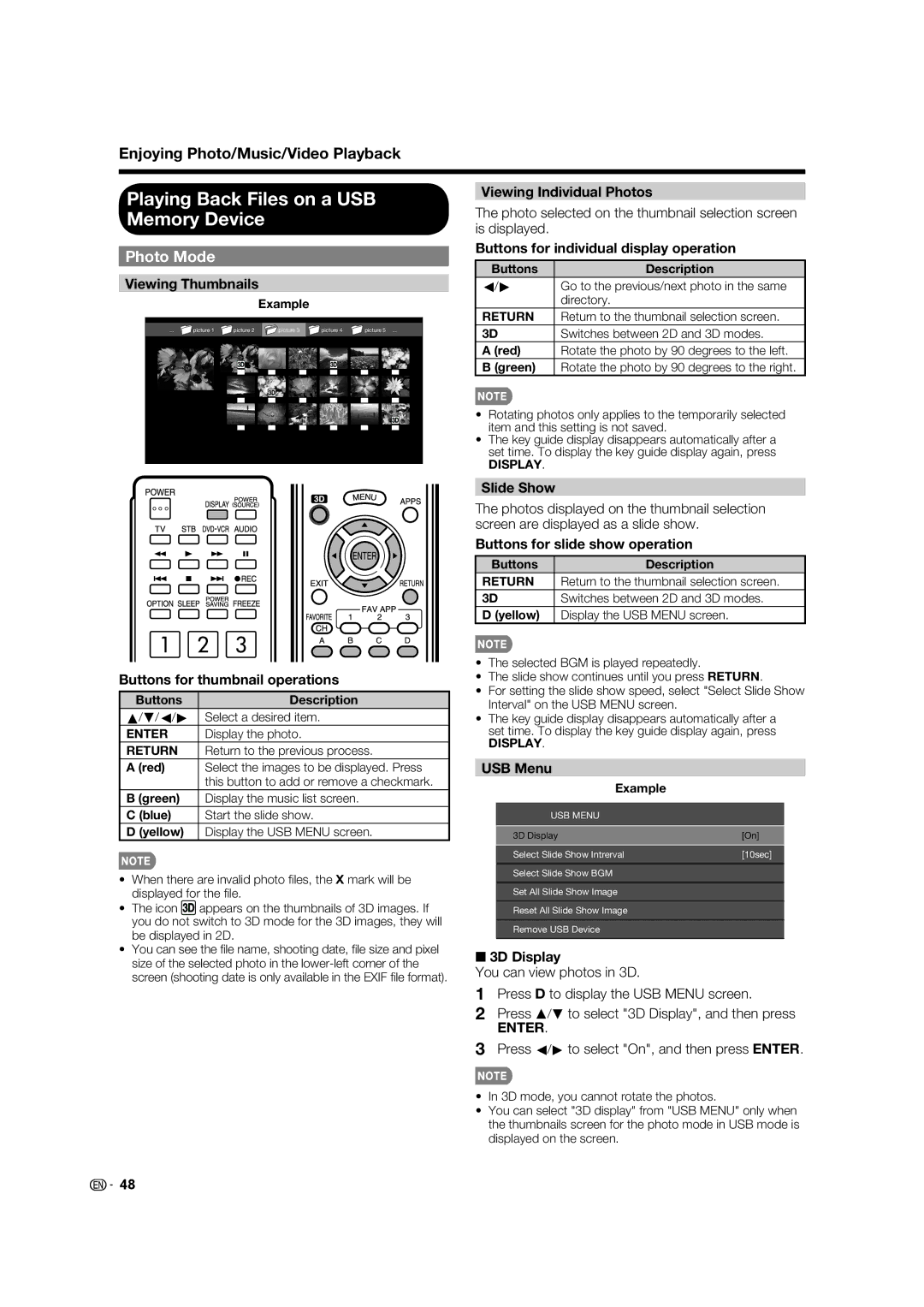 Sharp LC70LE735U operation manual Playing Back Files on a USB Memory Device, Photo Mode 