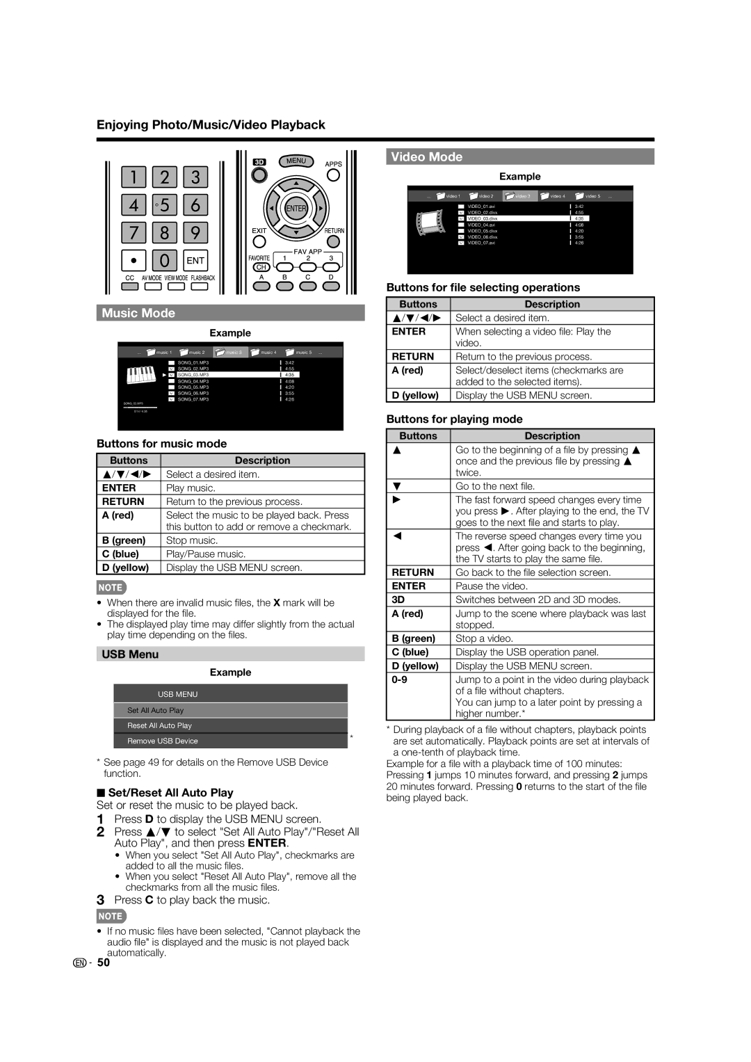 Sharp LC70LE735U operation manual Music Mode, Video Mode, Buttons for ﬁle selecting operations, Set/Reset All Auto Play 