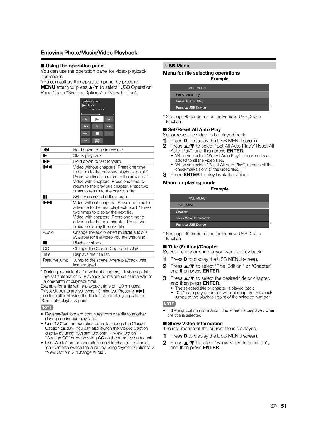 Sharp LC70LE735U Using the operation panel, USB Menu Menu for ﬁle selecting operations, Menu for playing mode 