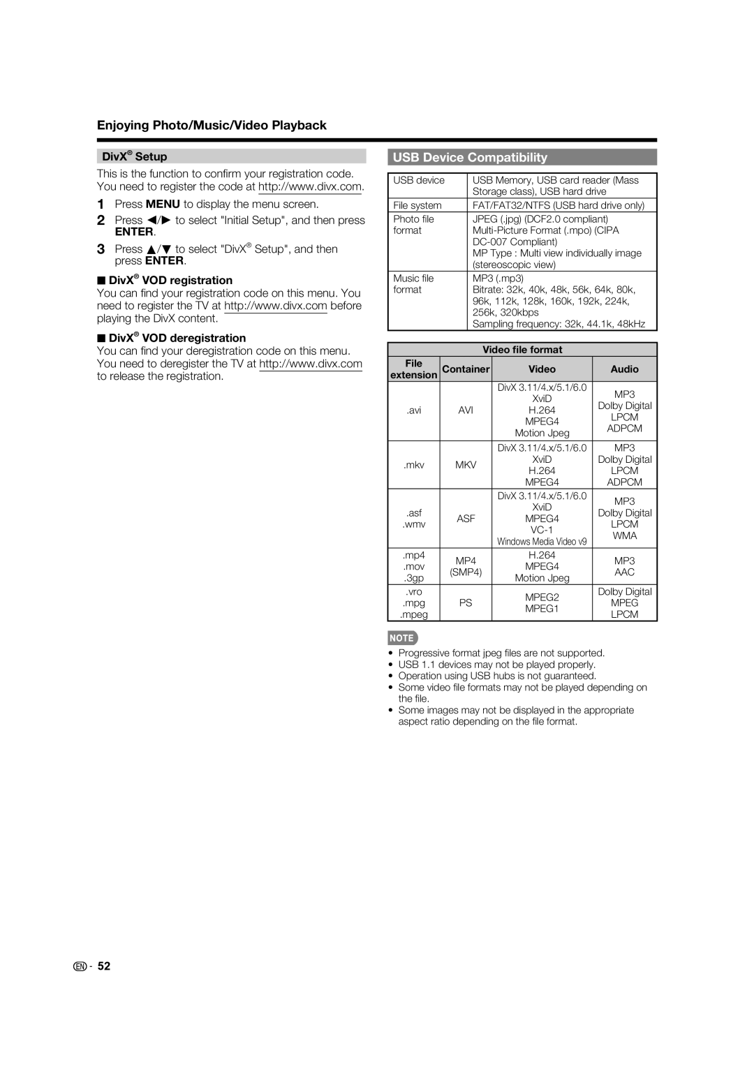 Sharp LC70LE735U USB Device Compatibility, Press a/b to select DivX Setup, and then press Enter, Video ﬁle format 