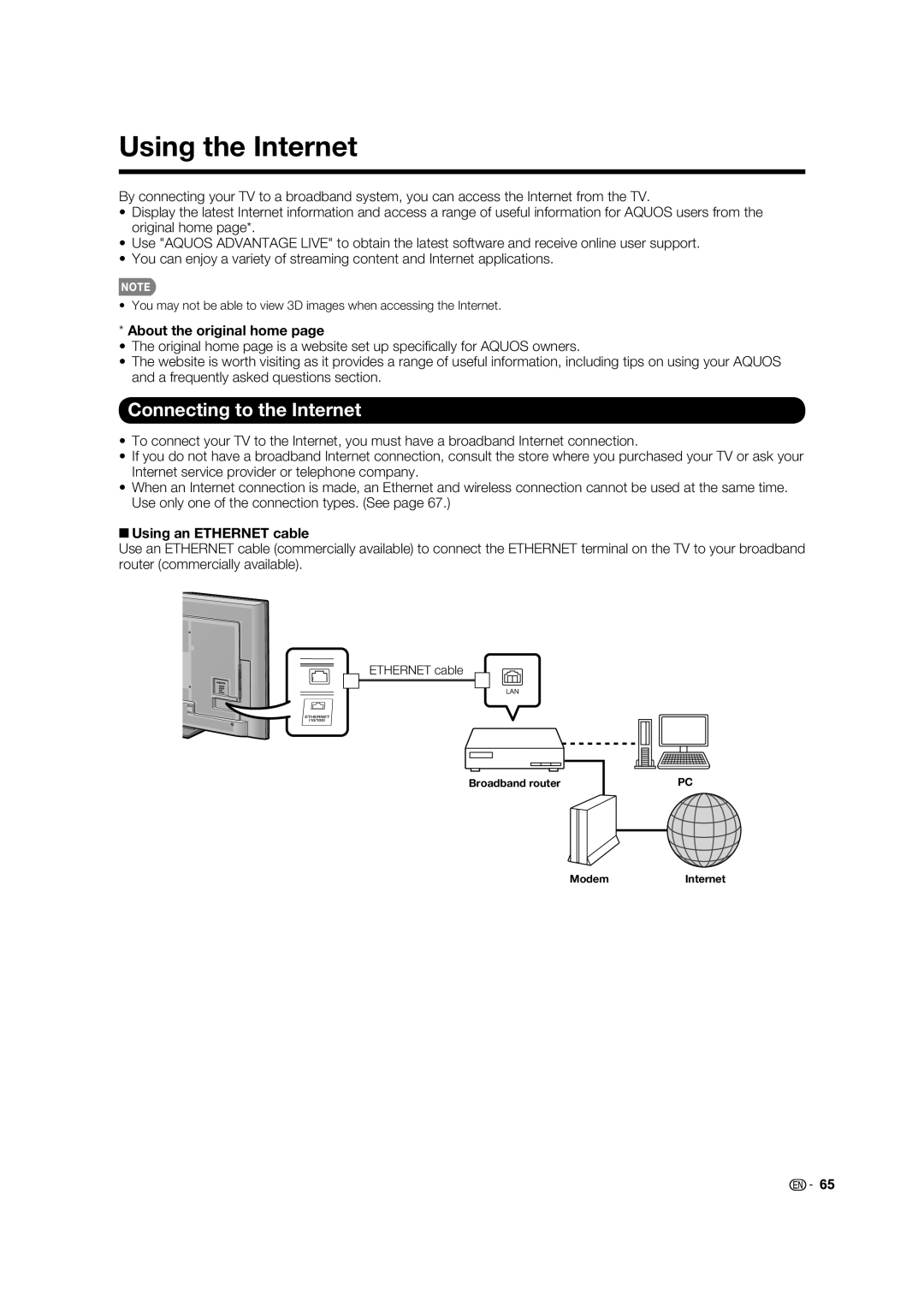 Sharp LC70LE735U Using the Internet, Connecting to the Internet, About the original home, +Using an Ethernet cable 