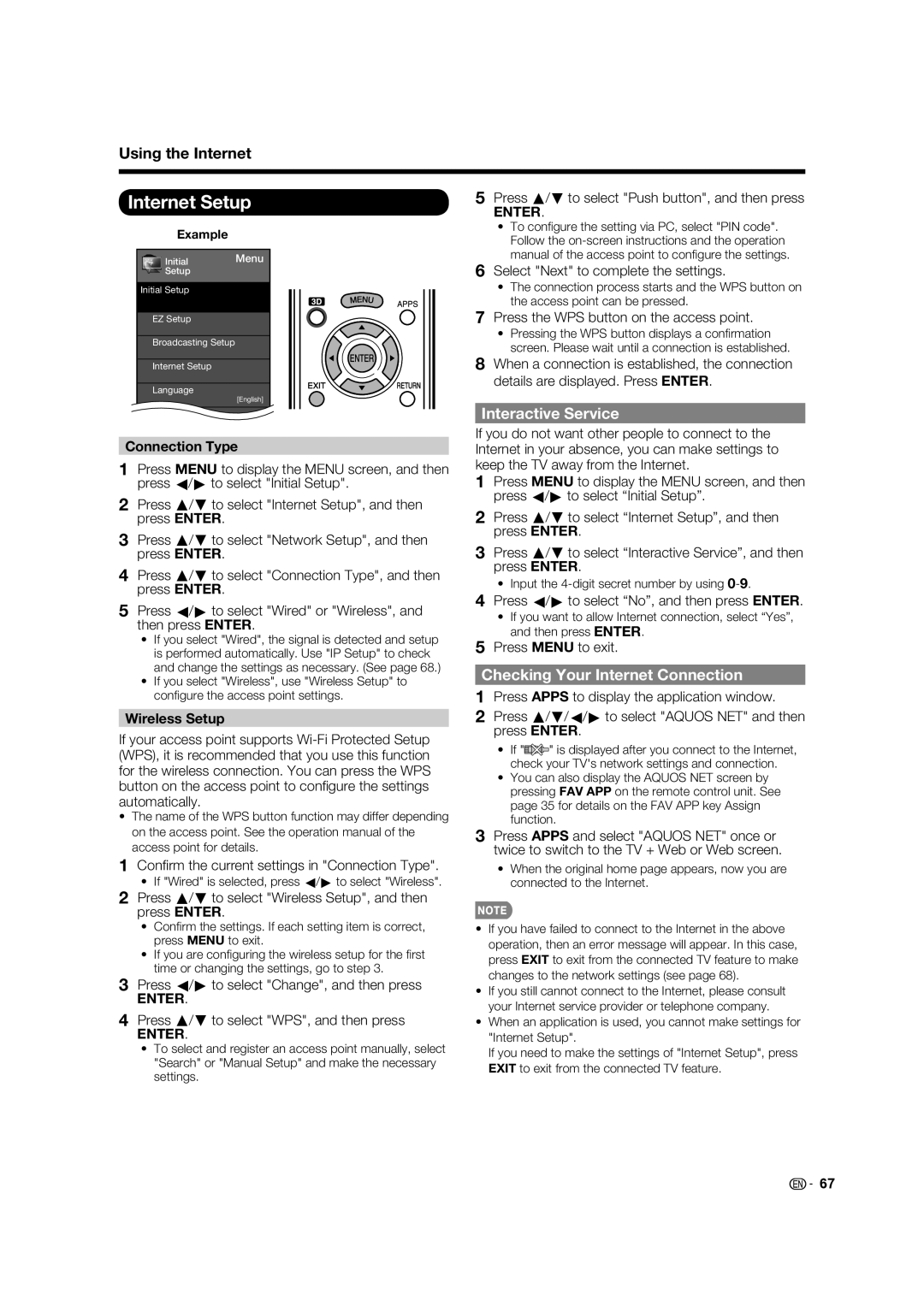 Sharp LC70LE735U Internet Setup, Interactive Service, Checking Your Internet Connection, Connection Type, Wireless Setup 