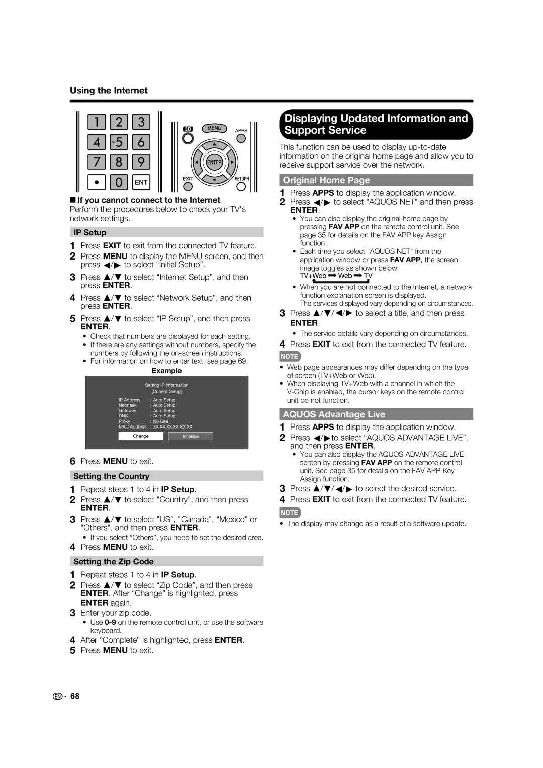 Sharp LC70LE735U operation manual Displaying Updated Information and Support Service, Original Home, Aquos Advantage Live 