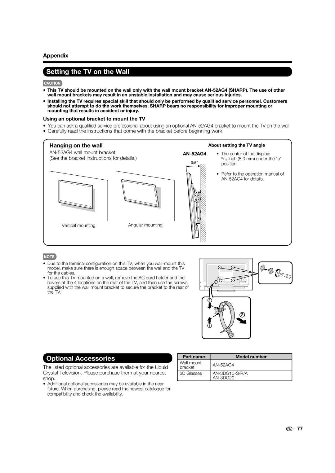 Sharp LC70LE735U operation manual Setting the TV on the Wall, Optional Accessories, Appendix, Hanging on the wall 