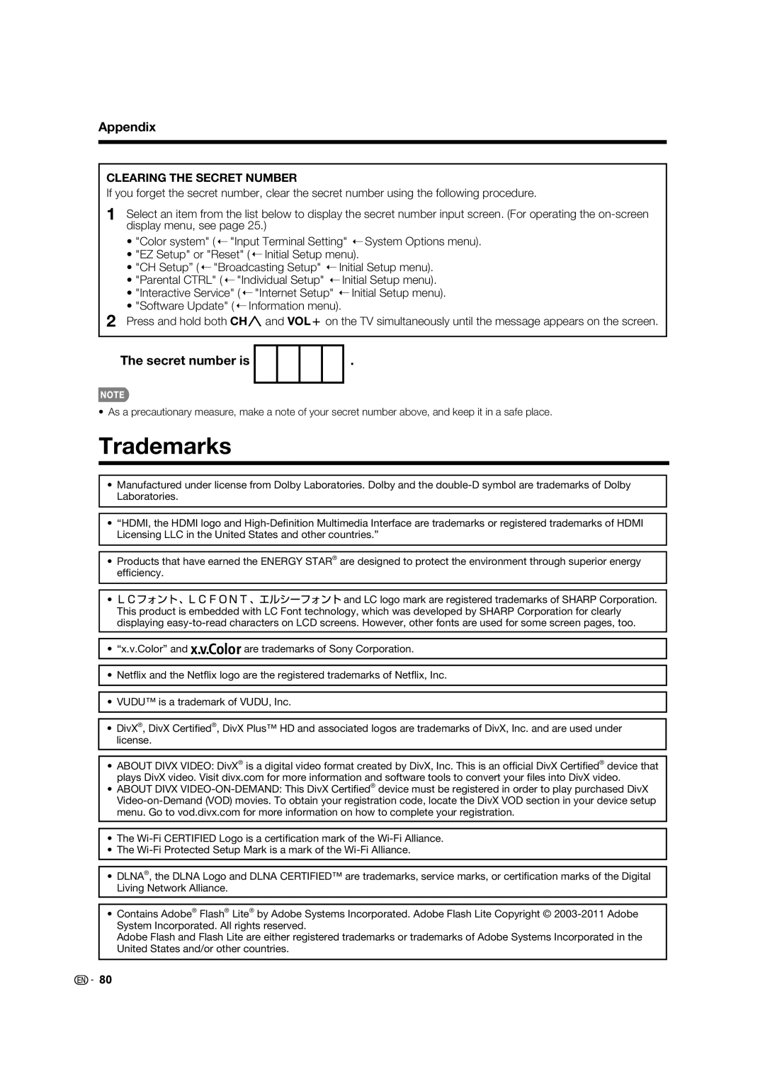 Sharp LC70LE735U operation manual Trademarks, Secret number is 