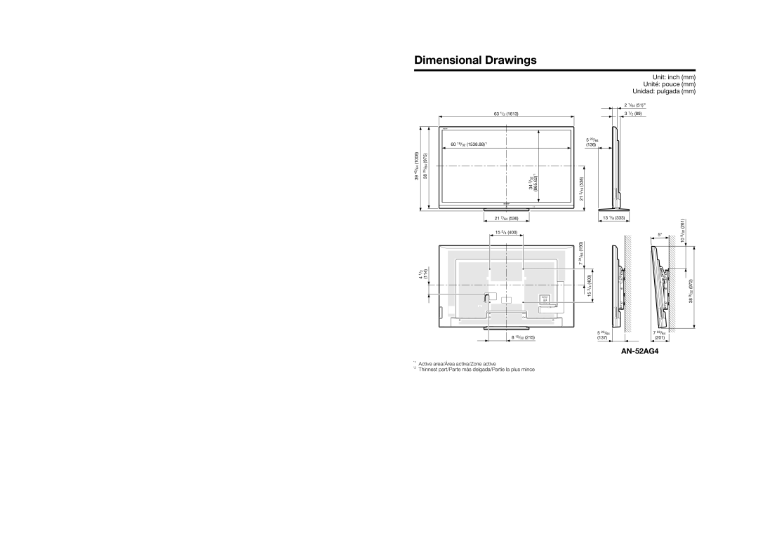 Sharp LC70LE735U operation manual Dimensional Drawings, Unit inch mm Unité pouce mm Unidad pulgada mm 