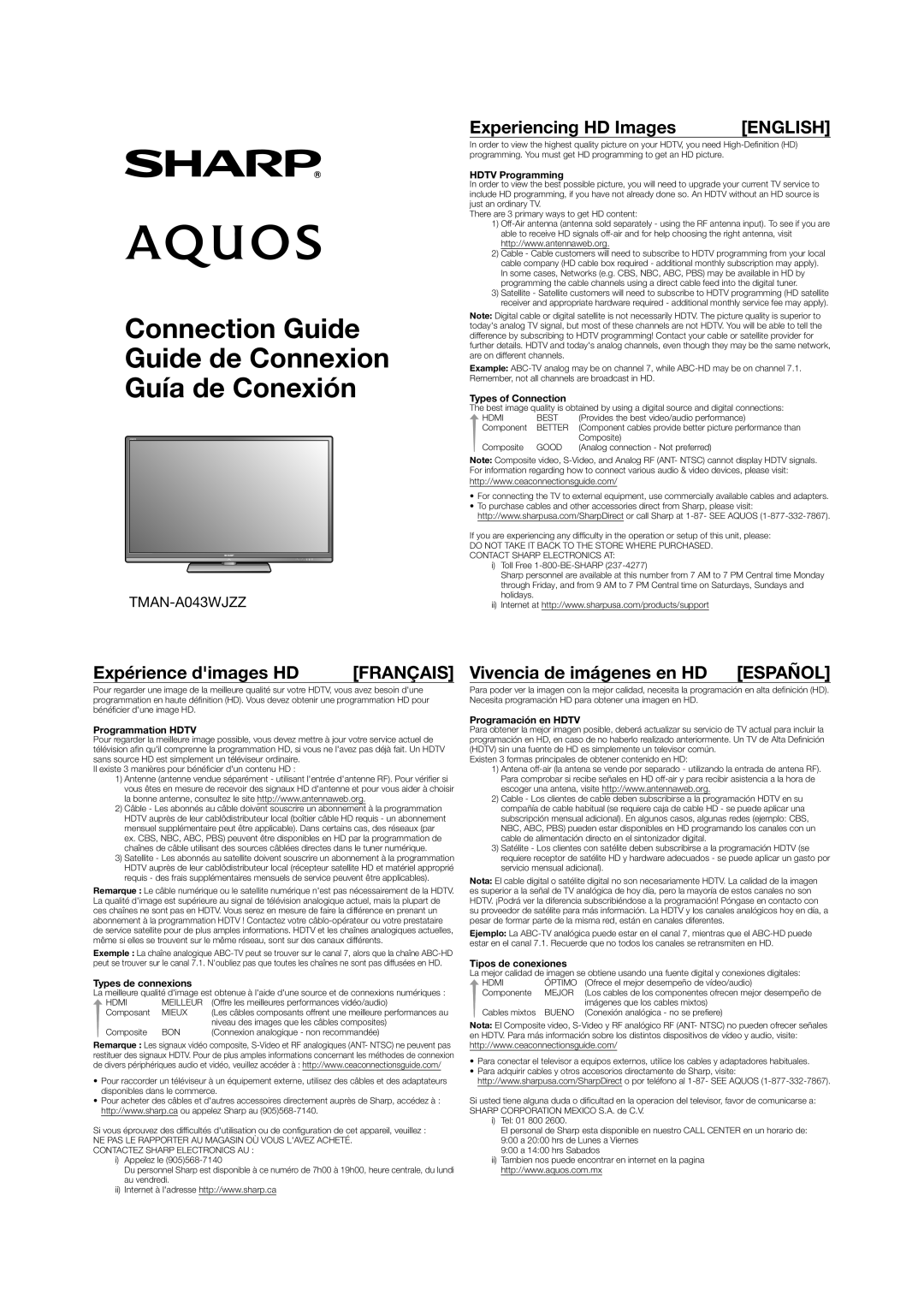 Sharp LC70LE735U Hdtv Programming, Types of Connection, Programmation Hdtv, Types de connexions, Programación en Hdtv 