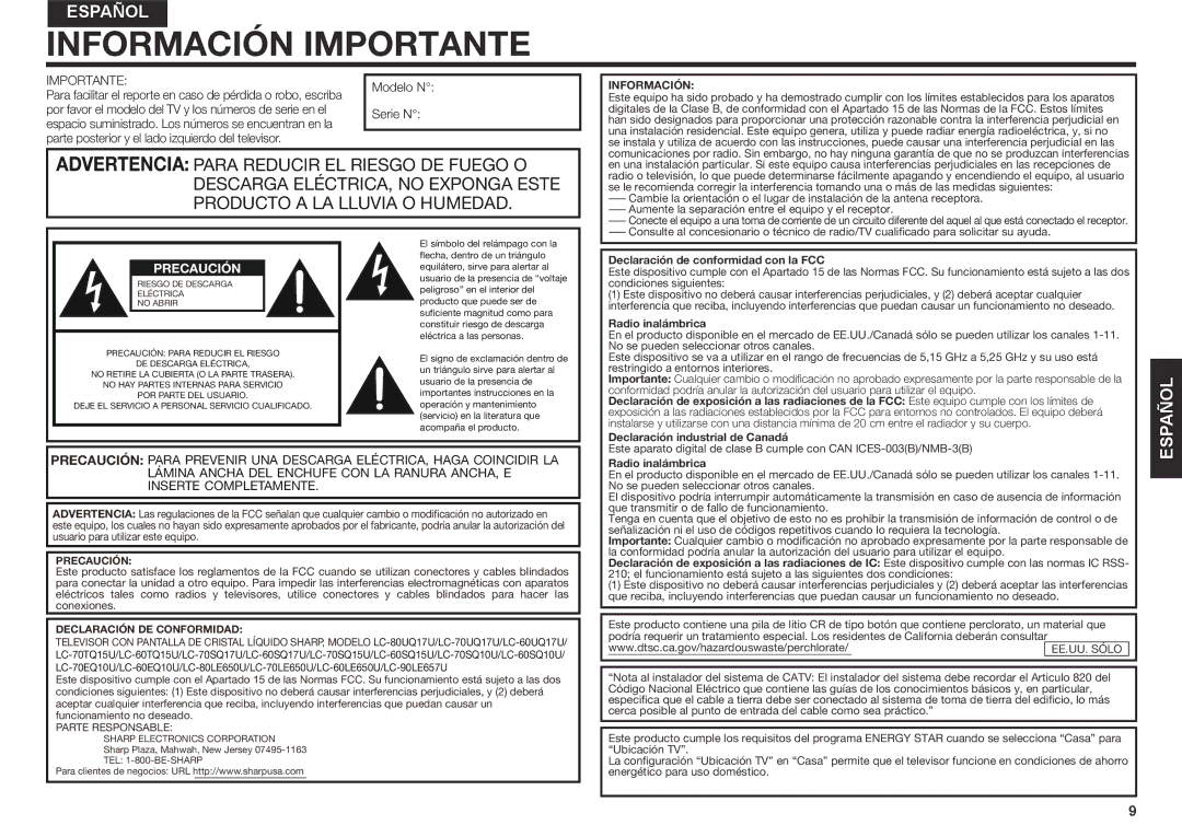 Sharp LC70EQ10U Información, Declaración de conformidad con la FCC, Radio inalámbrica, Declaración DE Conformidad 